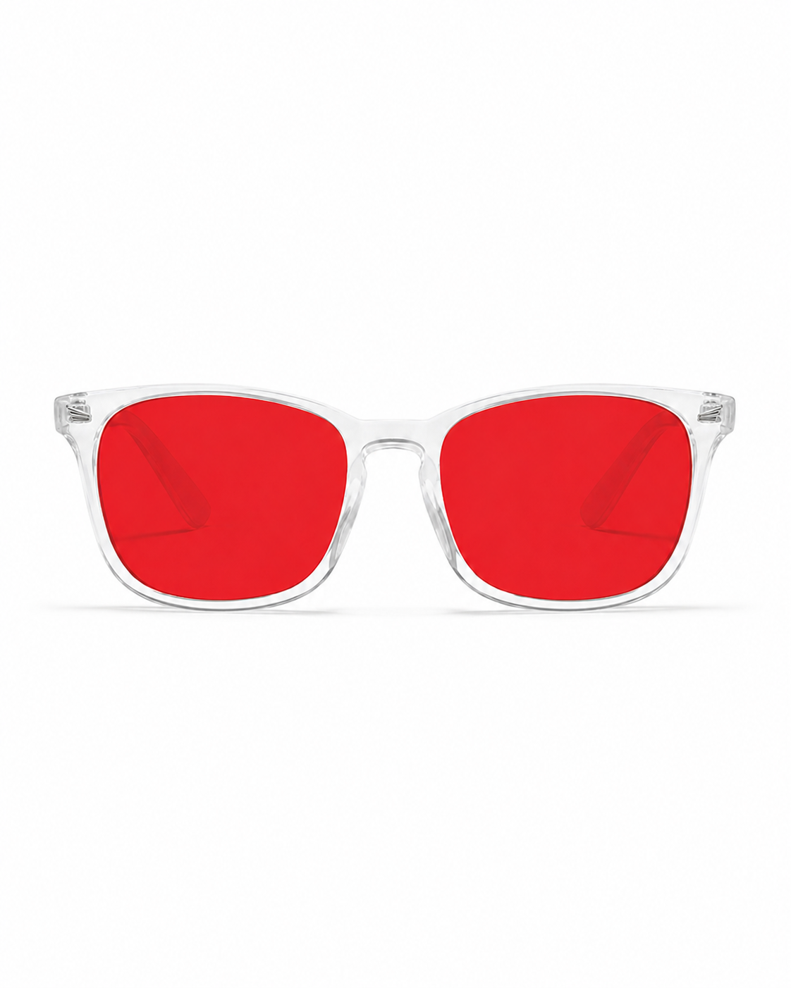 Blålysbriller transparent ramme røde glass – forfra