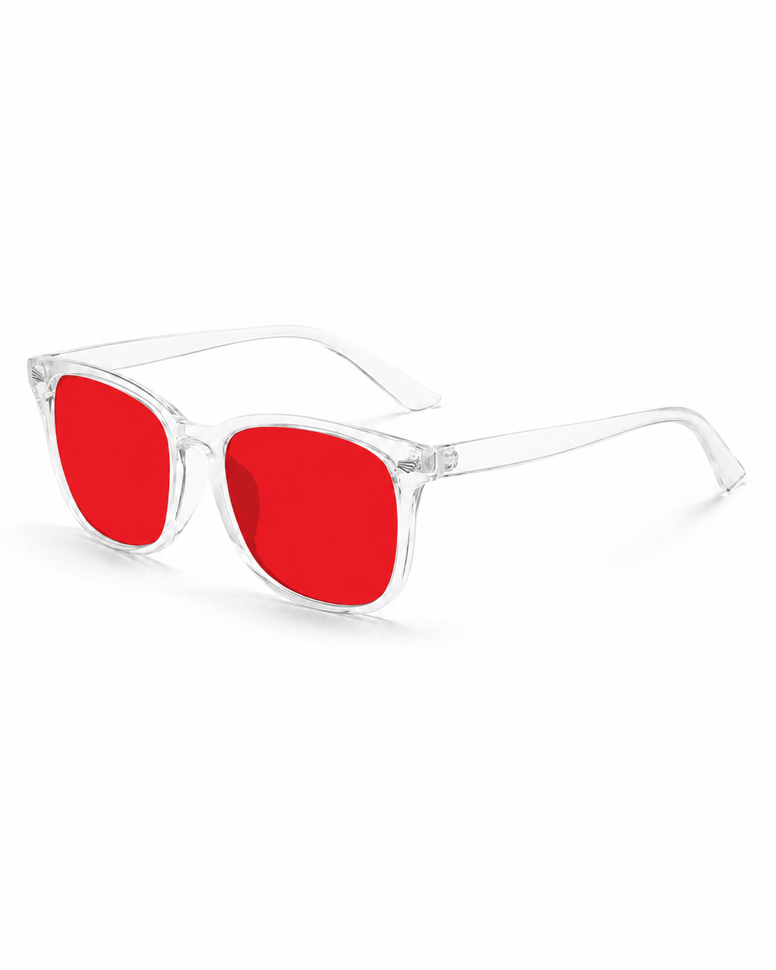 Blålysbriller transparent ramme røde glass – sidevinkel